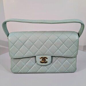 Chanel Light Blue Rare Vintage Jumbo Calfskin Double Turn-lock Bag
